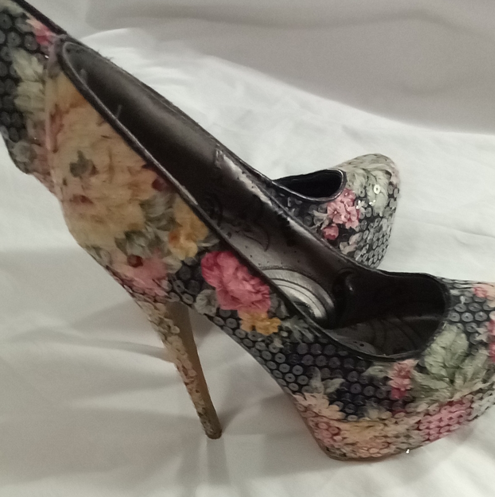 Floral Sequin Platform High Heels - Pink Multi